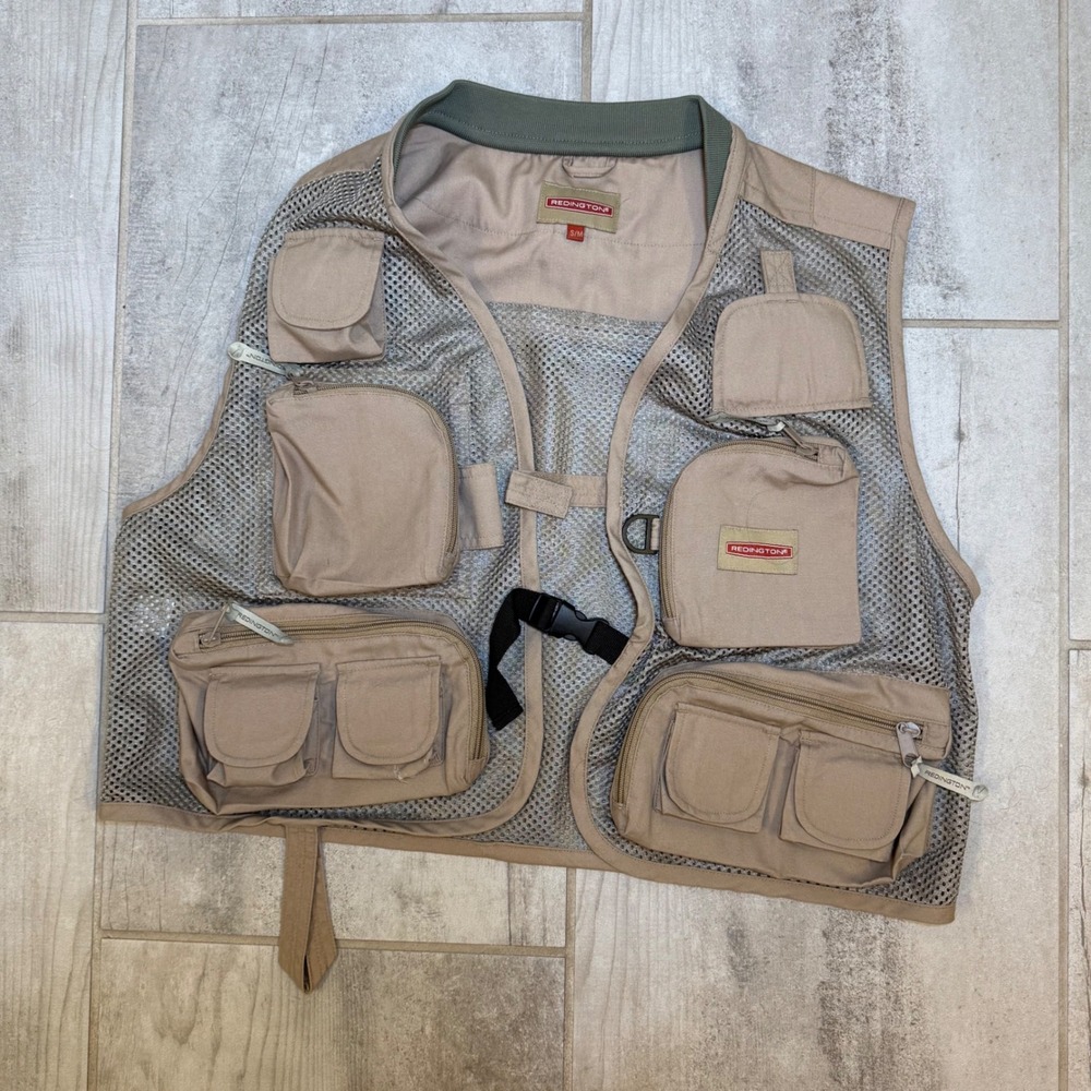 Redington Fishing Vest Mens S/M Tan Excellent Mesh Multi-Pocket Utility Fly Gear